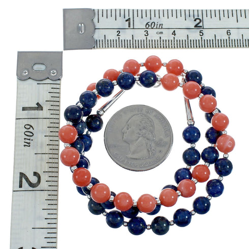 Genuine Pink Coral And Lapis Sterling Silver Navajo Bead Necklace X10286